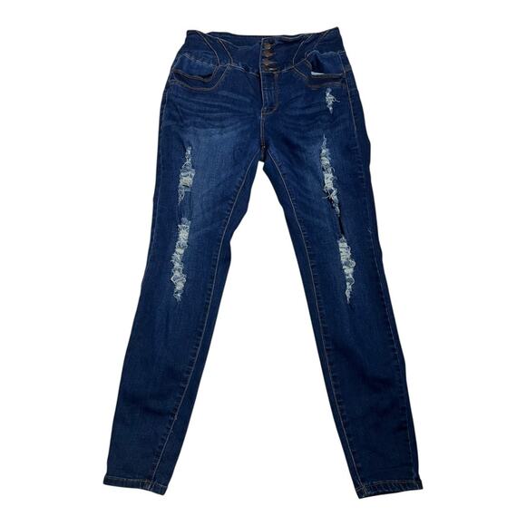 Wax Jeans 13 / 31 Womens Skinny Denim Y2K Blue Distressed Factory Faded - Picture 1 of 5